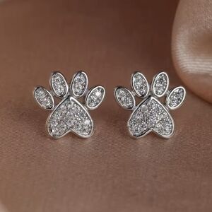 Silver Diamond Paw Print Stud Earrings